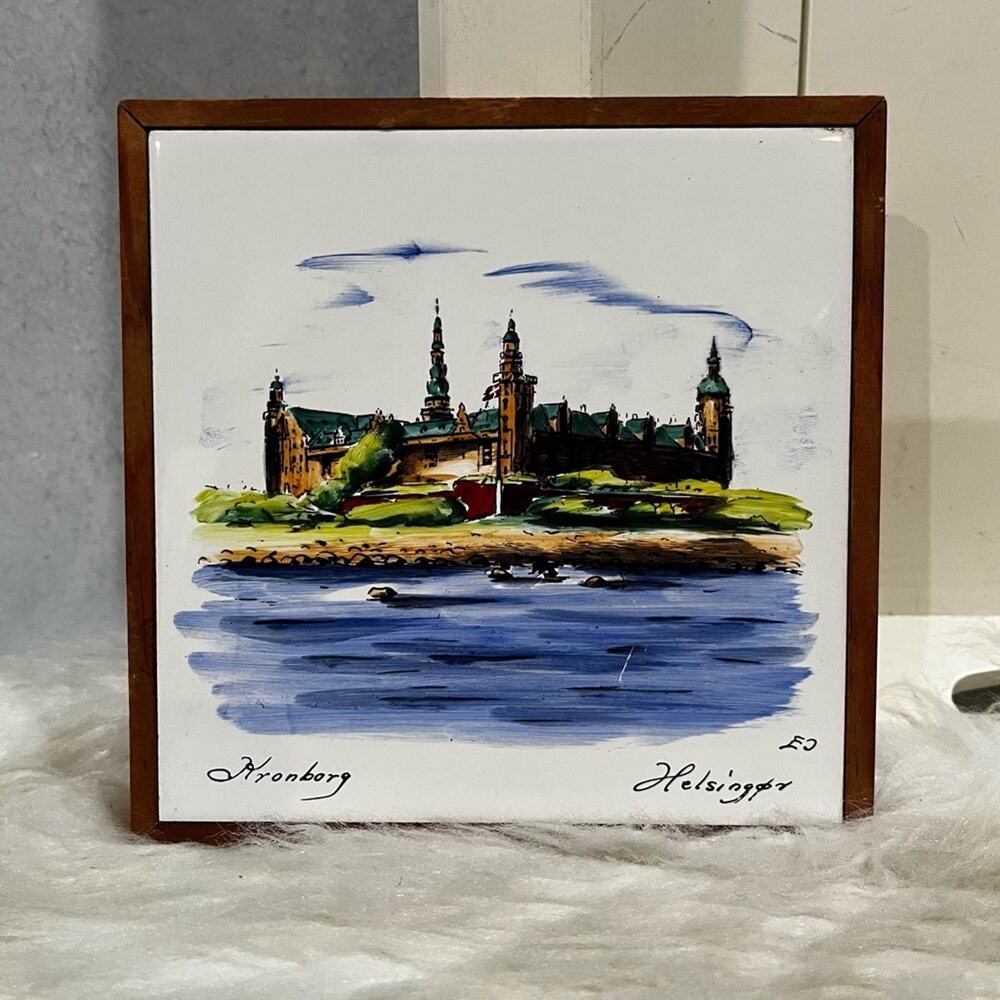 Vintage Hand Painted Kronborg Helsingor Denmark Ceramic Art 1965 Tile Frame